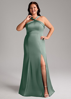 Azazie Rue Bridesmaid Dresses Silver Sage Mermaid Pleated Stretch Satin Dress image8