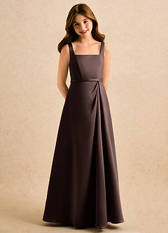 Azazie Emiko Girls Formal Robe Demoiselle D'honneur Fillette Robe Trapèze en Mat Satiné Plissée Ganache image1