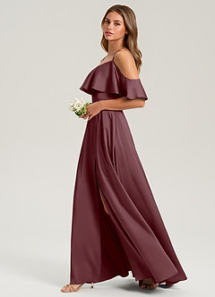 Azazie Jean Bridesmaid Dresses Sangria A-Line Off the Shoulder Stretch Satin Dress image5