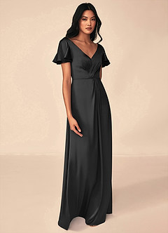 Azazie Soren Robes de demoiselle d'honneur Robe Trapèze en Satin extensible Plissée Noir image4