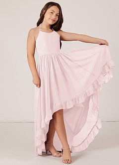 Azazie Sarafina Junior Blushing Pink A-Line Lace Chiffon Dress image4