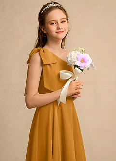 Azazie Guppy Girls Formal Flower Girl Dresses Butterscotch A-Line One Shoulder Chiffon Dress image4