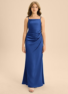 Azazie Renna Junior Vestido de Azul Real de Satén Elástico de Corte En A con Plisado image6
