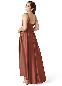 Azazie Inaya Junior Auburn A-Line with Belt Stretch Satin Dress image4