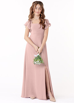 Azazie Bondi Junior Powder Pink A-Line Bow Chiffon Dress image1