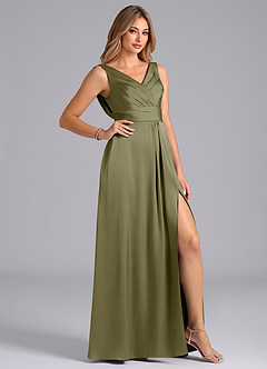 Azazie Karina Bridesmaid Dresses Pistachio A-Line Pleated Stretch Satin Dress image5
