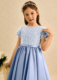 Azazie Cashew Flower Girl Dresses Ice Ball-Gown with Sleeves Matte Satin Dress image6