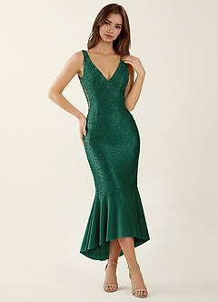 Delphine Vert Foncé Robe longue corsetée à col V en satin stretch ornée de perles image5
