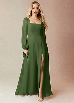 Azazie Leonia Brautjungfernkleider A-Linie Langarm Chiffon Kleid Olivgrün image3