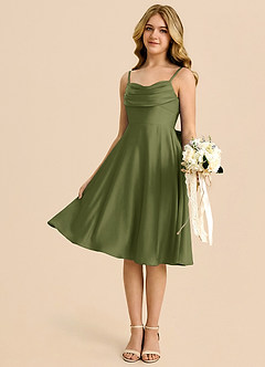 Azazie Bear Junior Olive A-Line Sweetheart Neckline Stretch Satin Dress image4