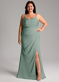 Azazie Deandra Brautjungfernkleider Meerjungfrau-Linie Plissee Stretch-Satin Kleid Silberner Salbei image7