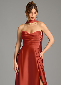 Azazie Ayla Robes de demoiselle d'honneur Robe Trapèze en Satin extensible Corset Rouille image2