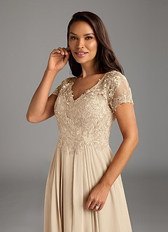 Azazie Dunja Mother of the Bride Dresses Champagne A-Line V-Neck Lace Chiffon Dress image6