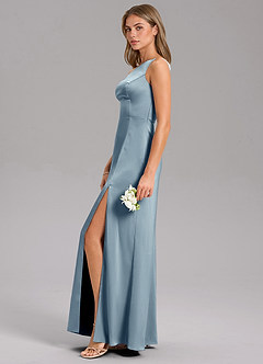 Azazie Feby Bridesmaid Dresses Dusty Blue A-Line One Shoulder Stretch Satin Dress image5