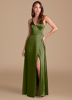 Azazie Maksim Bridesmaid Dresses Olive A-Line Metallic Satin Dress image1