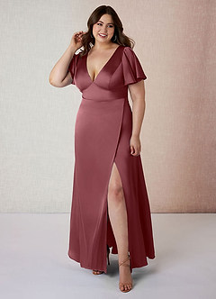 Azazie Lani Bridesmaid Dresses Desert Rose A-Line Flounce Sleeve Stretch Satin Dress image7