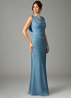 Azazie Kieryn Bridesmaid Dresses Steel Blue Mermaid Pleated Stretch Satin Dress image3