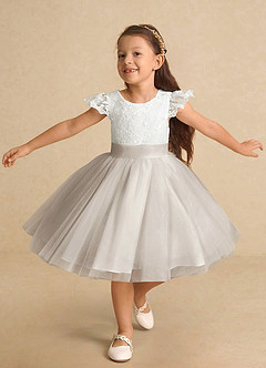 Azazie Vetty Flower Girl Dresses Ivory Frost A-Line Lace Tulle Dress image5