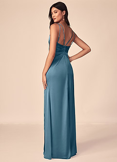 Azazie Aqua Bridesmaid Dresses Bermuda A-Line V-Neck Pleated Stretch Satin Dress image5