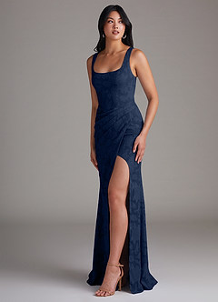 Azazie Mero Bridesmaid Dresses Dark Navy Sheath Pleated Floral Burnout Dress image2
