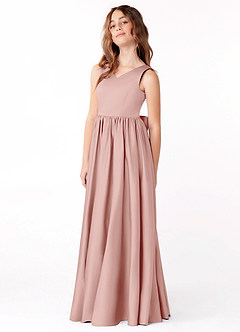 Azazie Hathaway Junior Vestido de Oro Rosa de Satin Mate de Corte En A con Lazo image4