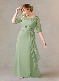 Azazie Dionysus Final Sale Dusty Sage A-Line Boatneck Lace Chiffon Dress image8
