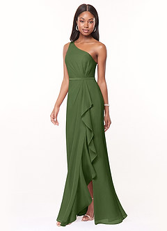 Azazie Liza Jurken voor bruidsmeisjes Jurk van Chiffon met Zeemeermin One-Shoulder Olijf image1