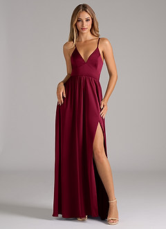 Azazie Aaida Bridesmaid Dresses Burgundy A-Line Corset Stretch Satin Dress image1