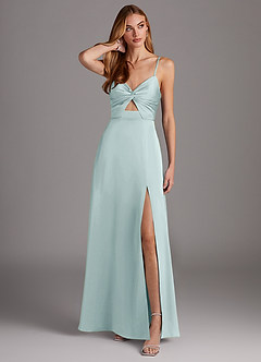 Azazie Jenna Bridesmaid Dresses Mist A-Line Pleated Stretch Satin Dress image1