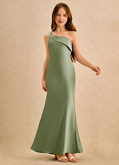 Azazie Almond Girls Formal Jurken voor bloemenmeisjes Kokerjurk Jurk van Stretch Satijn One-shoulder Pistache image6