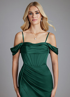 Azazie Amyra Bridesmaid Dresses Emerald Mermaid Off the Shoulder Stretch Satin Convertible Dress image3