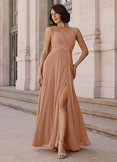 Azazie Brooke Bridesmaid Dresses Champagne Rose A-Line One Shoulder Chiffon Dress image2