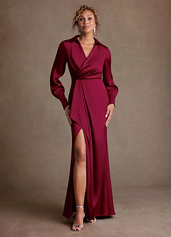 Azazie Jacinta Mère de la mariée Robes Robe Fourreau en Satin extensible Plissée Bourgogne image1