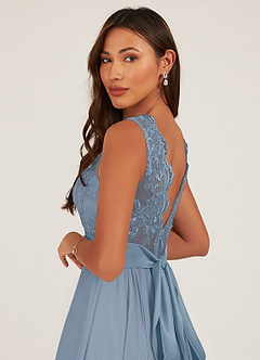 Azazie Gertrude Abiti da Damigella Abito A-Line in Chiffon Pizzo Blu Polveroso image7