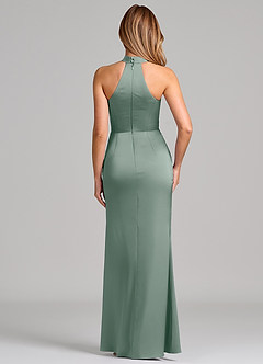 Azazie Karlotta Bridesmaid Dresses Silver Sage Sheath Pleated Stretch Satin Dress image2