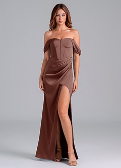 Azazie Asha Jurken voor bruidsmeisjes Converteerbaar Jurk van Stretch Satijn met Kolom Off the Shoulder Espresso image1