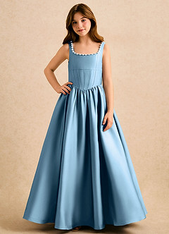 Azazie Enid Girls Formal Jurken voor bloemenmeisjes A-Lijn Jurk van Stretch Satijn Met kralen Staal Blauw image4