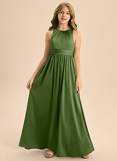 Azazie Jaylah Junior Juniper A-Line Pleated Stretch Satin Dress image4