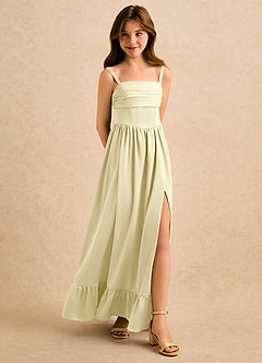 Azazie Maisie Girls Formal Flower Girl Dresses Lemon Sorbet A-Line Ruched Stretch Satin Dress image3