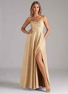 Azazie Elle Bridesmaid Dresses Champagne A-Line Pleated Stretch Satin Dress image3