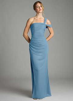 Azazie Tati Final Sale Steel Blue Sheath Off the Shoulder Mesh Dress image2