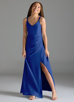 Azazie Leo Junior Abito Sirena in Chiffon Plissettato Blu Reale image4