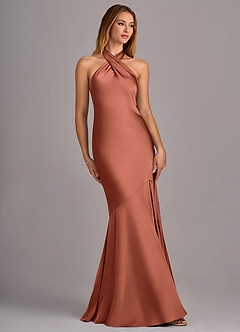 Azazie Lorena Robes de demoiselle d'honneur Robe Sirène en Satin extensible Plissée Argile image3