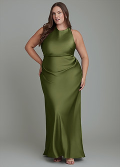 Azazie Evadne Bridesmaid Dresses Olive Sheath Pleated Stretch Satin Dress image7