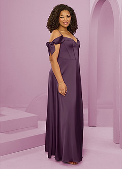 Barbie ♥ Azazie Bridesmaid Dresses Plum A-Line Off the Shoulder Stretch Satin Dress image5