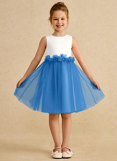 Azazie Louisa Abiti da Ragazza di Fiori Abito A-Line in Tulle Senza Maniche Avorio Ghiandaia Azzurra image1