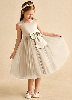 Azazie Twinsie Flower Girl Dresses Champagne A-Line Bow Tulle Dress image5