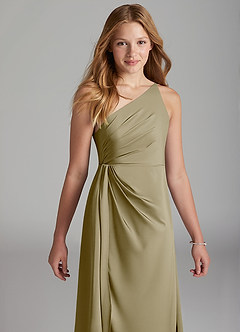 Azazie Mika Junior Robe Trapèze en Satin extensible Plissée Vert Mousse image4