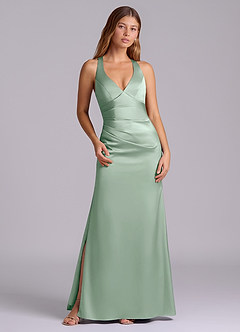 Azazie Amelie Bridesmaid Dresses Agave A-Line Pleated Stretch Satin Dress image1