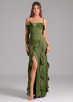 Azazie Malia Bridesmaid Dresses Olive A-Line Side Slit Stretch Satin Dress image3